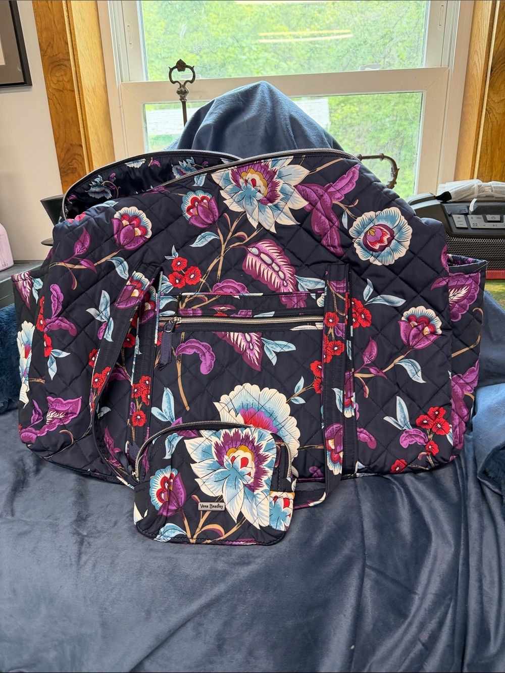 Vera Bradley Navy Quilted Floral Travel Tote with Matching Pouch